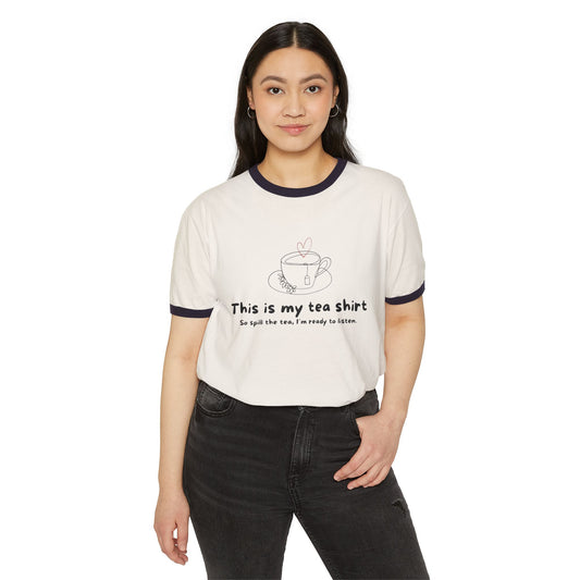“Spill the Tea” Unisex Cotton Ringer T-Shirt - Perfect for Tea Parties, Gifts, Casual Wear, Unique Tea Lover Gift, Summer Style