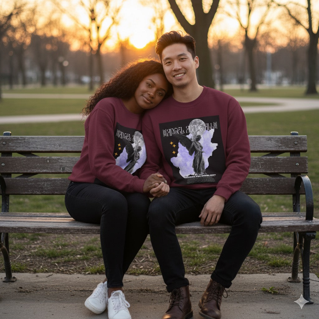 Angel Moon Graphic Sweatshirt — Gothic Angel Illustration Crewneck